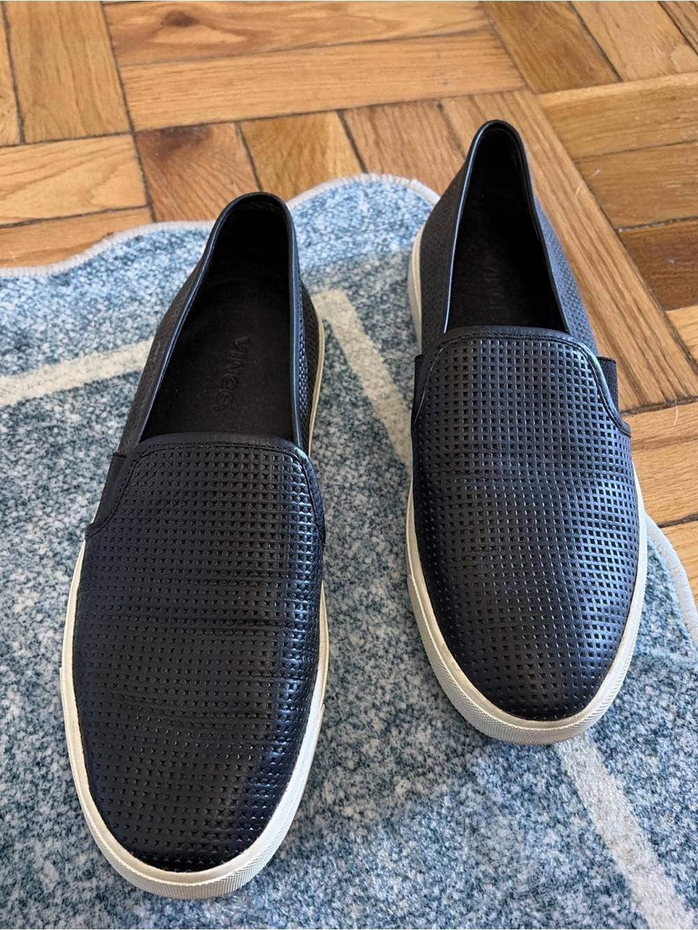 Vince Black Perforated Slip-On Loafers with White Sole